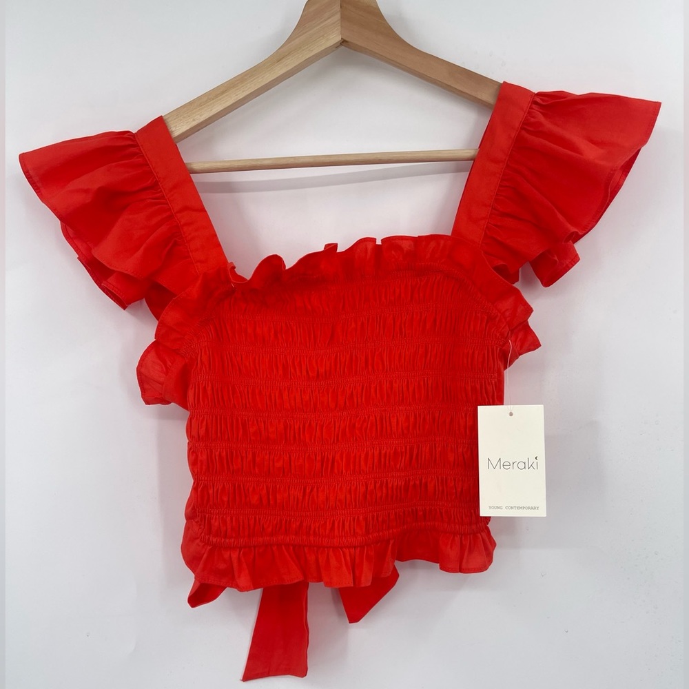 NWT Meraki Ruffled Crop Top Tie Bow Red Size XS